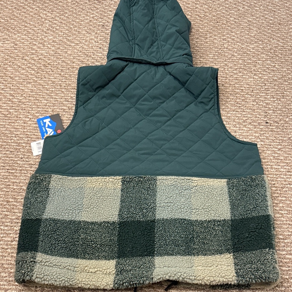 New Kavu Luna Peak Vest - women's large - plaid green hooded winter travel NWT - Picture 12 of 13